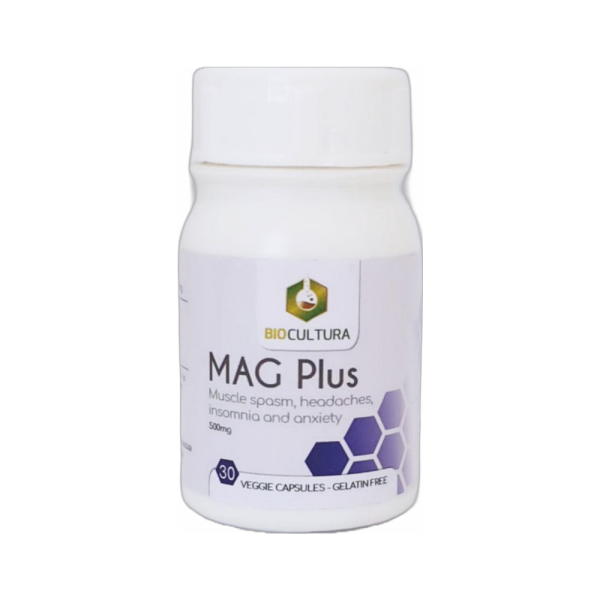 Mag Plus Magnesium Glycinate 500mg bottle, 30 veggie capsules - BioCultura